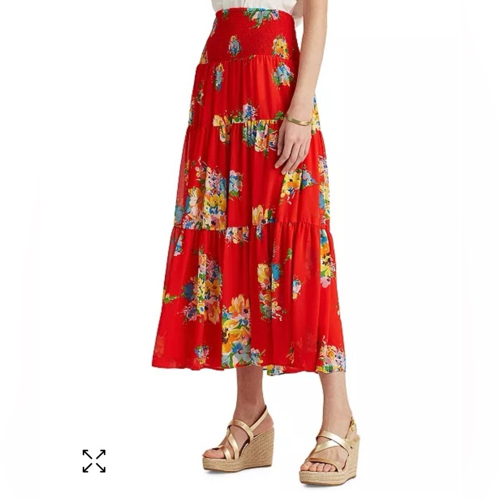 Lauren Ralph Lauren Black Label Red Floral Chiffon Full Maxi Skirt Sz M - Picture 1 of 9